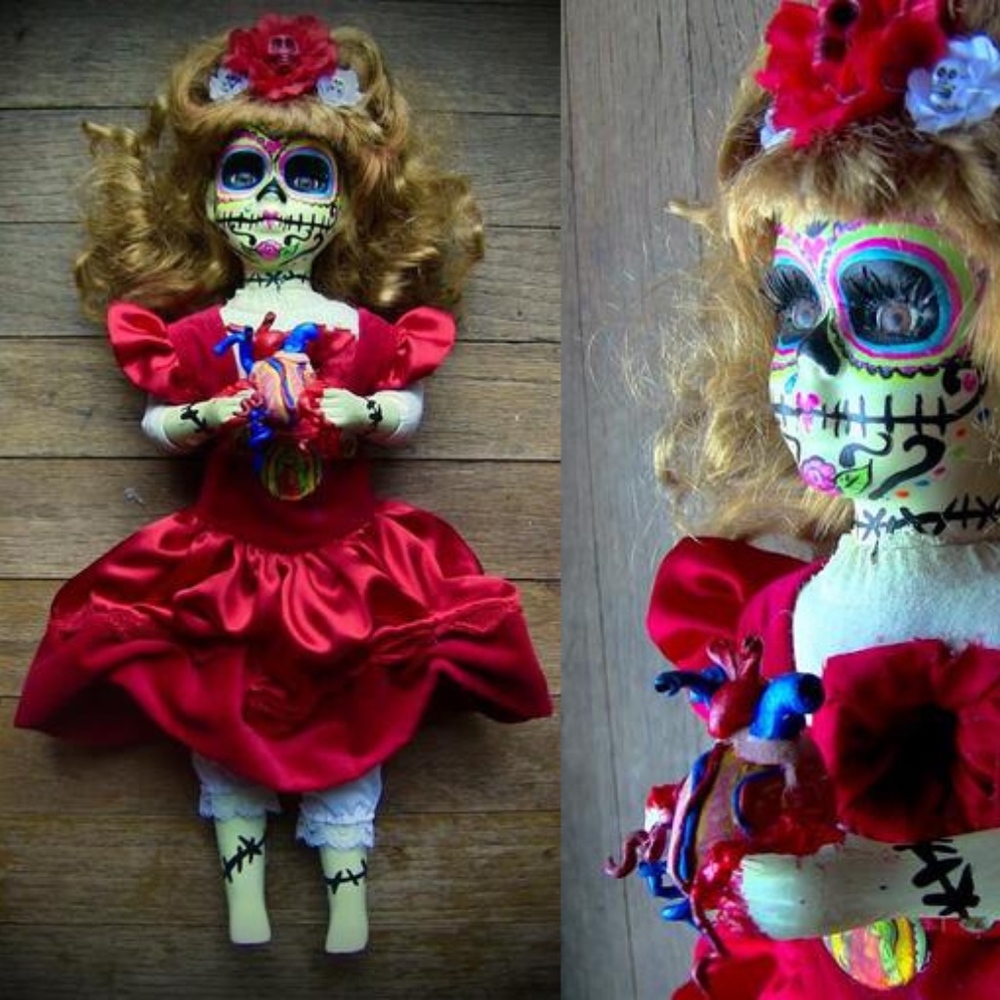 Glow in Dark Day of Dead holding real heart doll